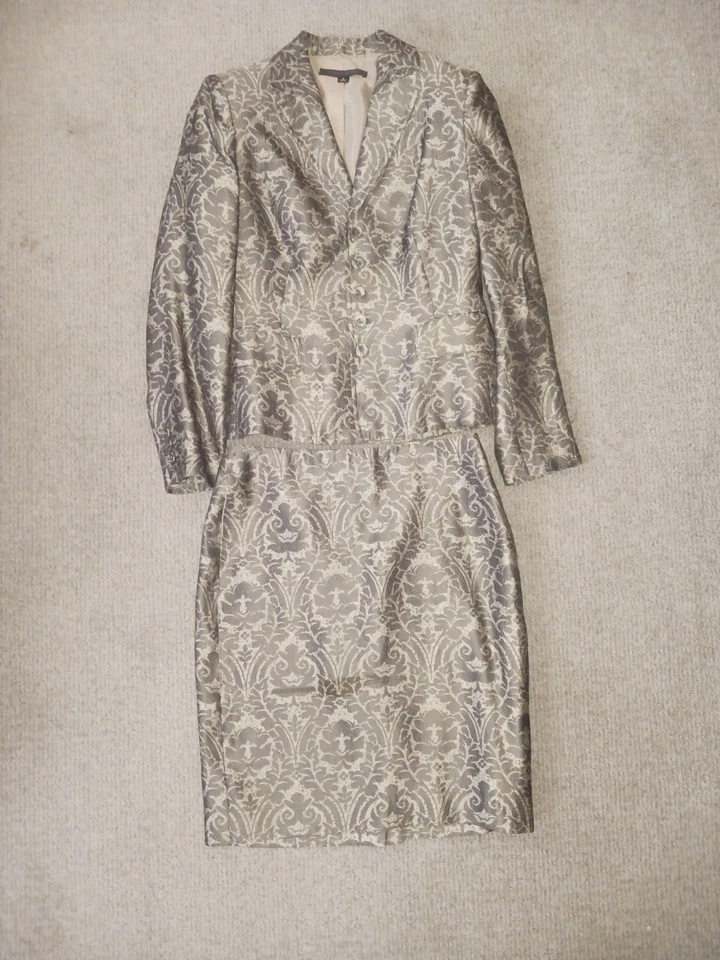 Conjunto de traje Anne Klein para mujer talla 6 gris beige falda lápiz abstracta 100 % seda Foto 1 de 4