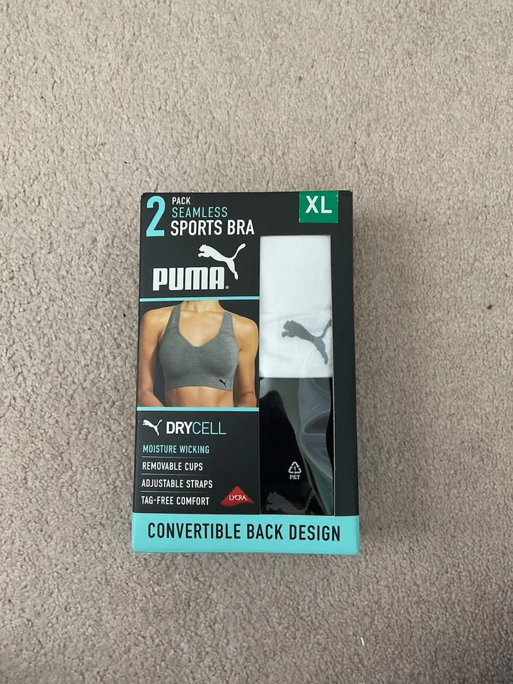 PUMA Seamless Sports Bra 2-Pack Convertible Back, Black/White, Size XL - Image 1 of 3