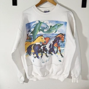 Barbara Wallace Dolphin Shirt Co Vintage Crewneck Size Large Horses White Art - Picture 1 of 6