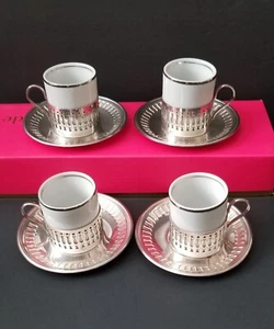 ELEGANT ESPRESSO CUPS VERACRUZ w/ SILVERPLATE HOLDERS & SAUCERS, Set of 4 - Picture 1 of 18