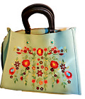 Rare Lg Powder Blue Handbag Floral Embroidery Flowers 3 Compartments Grannycore