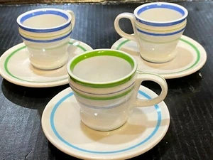 (3) STARBUCKS 2007 WHITE W/ BLUE &GREEN STRIPES ESPRESSO / DEMITASSE CUPS A - Picture 1 of 8