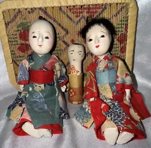 Antique Ichimatsu Gofun Boy, Girl, + Baby Dolls in Basket Japan 1940-50s - Picture 1 of 24