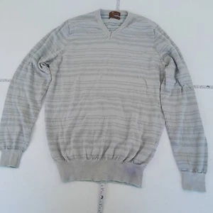 M&S Jumper Medium Grey Mens V-Neck Knit Striped Merino Wool Silk - Picture 1 of 13