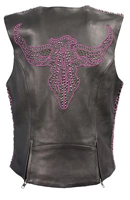 Womens Motorcycle Snap front vest with phoenix studding embriodery Purple Color  - Image 1 of 4