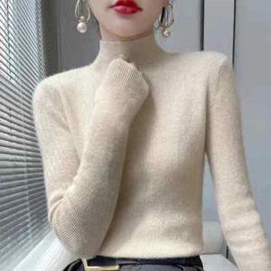 Solid Sweater Women Half Turtleneck Knitted Pullovers Thick Knitwear Fashion - Picture 1 of 37