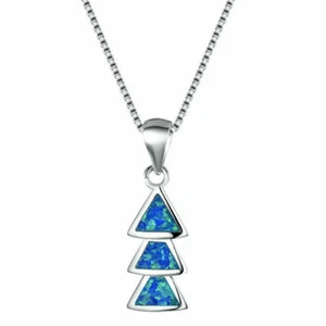 Silver Plated Simulated Blue Fire Opal 3 Tier Triangle Necklace & Earrings Set - Picture 1 of 6