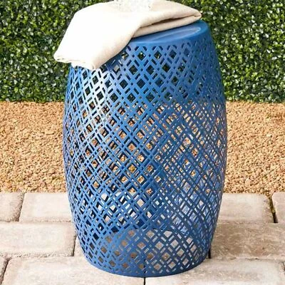 Metal Blue Lattice Barrel Stool Table Seat Indoor Outdoor Patio Porch Deck Decor - Image 1 of 4