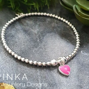 Sterling Silver PINK HEART Bracelet 925 beaded Stretch Stacker By INKA - Picture 1 of 6