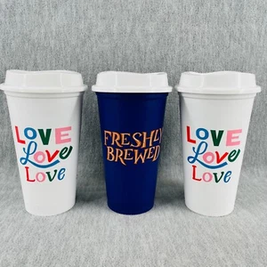 Starbucks Tazas calientes reutilizables con tapas 16 oz 2013 Love recién elaboradas lote de 3 - Imagen 1 de 8