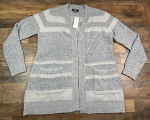 Belle By Belldini Striped Long Line Grey Open Cardigan Pockets Size Large New - Picture 1 of 18