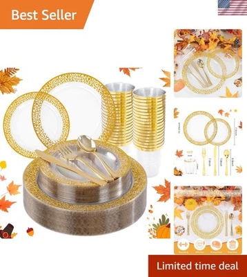 Platos de plástico dorado 150 piezas y cubiertos desechables - Ideal para Acción de Gracias Foto 1 de 4