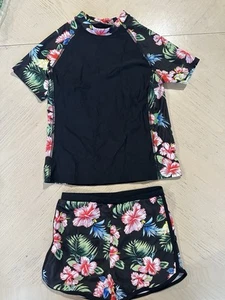Swimsuit for Girls Floral Two Piece Tankini Set Rash Guard Black Swimming 11 T - Picture 1 of 3