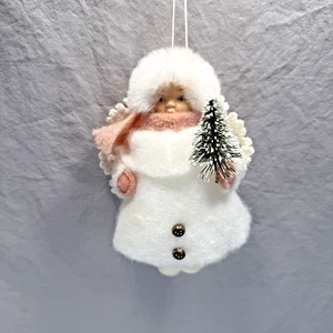 Adorno de niña ángel querubín de nieve con cepillo de botella árbol vintage Navidad - Imagen 1 de 10
