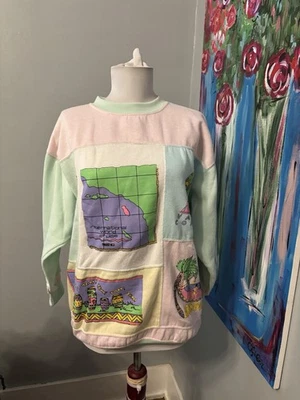 Moletom feminino vintage anos 80 S Energie bloco de cores pastel férias passaporte cruzeiro - Imagem 1 de 4