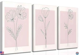 Minimalist Botanical Canvas Art Set - Pink Flower Line Plant Wall Decor - Picture 1 of 6