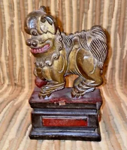 Antikes chinesisches Paket vergoldet handgeschnitzt Foo Hund Altar Figur auf Sockelsockel - Bild 1 von 12