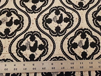 5+ Yds RULE OF THE ROOST  Damask  Black & White Rooster 100% Cotton Fabric Quilt - Image 1 of 4