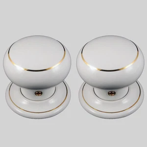 60mm White Ceramic Mortice Door Knob Set Cottage Shape Single Gold Ring Design - Picture 1 of 4