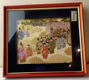 JAPANEESE SILK THREAD PHOTO IN FRAME DEPICTING GEISHA PULLING A CART - Picture 1 of 13