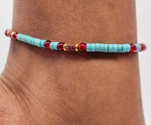 Natural Turquoise And Red Jasper Heishi Bead elastic anklet with 25cm - Picture 1 of 1