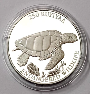 Malediven 250 Rufiyaa 1994 PP Silber 1oz Karett-Schildkröte Wildlife WWF - Bild 1 von 2