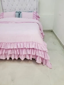 Ruffle Duvet in full Pink cotton 100%.3 Piece Set:1 Duvet Cover, 2 Pillowcases - Picture 1 of 8