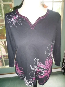 WOMANS SIZE P/ LARGE"ALFRED DUNNER"BLACK/PINK BEADED/STITCHING SIDE SLITS TUNIC - Picture 1 of 4