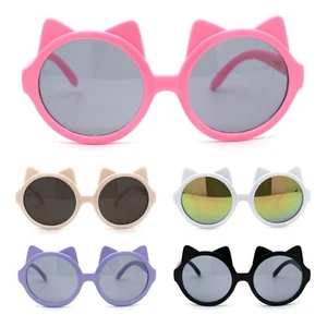 Girls Children Round Circle Lens Kitty Ear Fun Retro Plastic Sunglasses - Picture 1 of 21