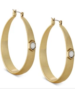 $29 LUCKY BRAND NWT Gold "Mop Hoop" Matte Mother of Pearl Stone Earrings C28 - Picture 1 of 5
