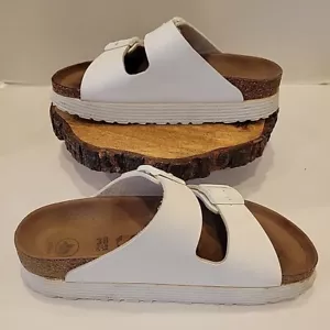 Papillio Birkenstock Arizona Vegan Plateau Platform White Sandals Slides Sz 38 - Picture 1 of 9
