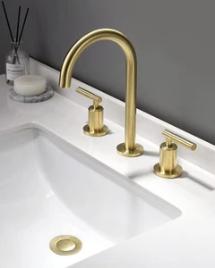 Brushed Gold Bathroom Faucet, Two Handles 360° Swivel Spout Widespread 4Inch ... - Picture 1 of 9