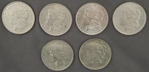 Antique Silver Dollar Coin Lot (4 Morgan (2) Peace - 4 Phi & 1 N.O. Years Vary - Picture 1 of 6