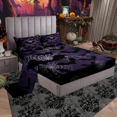 Juego de sábanas temáticas de Halloween tamaño queen, murciélagos negros animales góticos vacaciones Be... Foto 1 de 4