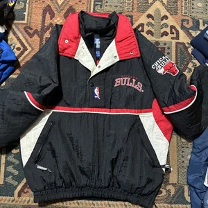 Vintage Chicago Bulls Starter Jacket Size Large 90s Hooded 1/4 Zip - Picture 1 of 8