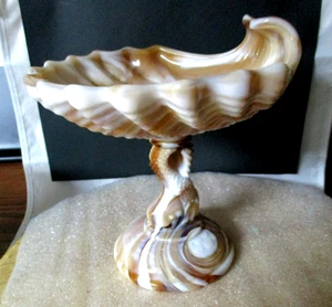 Imperial Caramel Slag Glass Compote Shell Bowl Dolphin Koi Pedestal, Marked - Picture 1 of 7