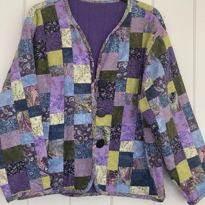 Womens Jacket Purple Multicolor Quilted Patchwork Hippie Vintage Fleece Handmade Foto 1 de 4