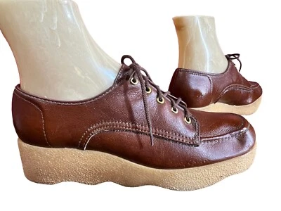 NOS 7 M Vtg 70s Shoes WAVY Platform Sole Boho BROWN Leather Oxfords Hi Brows USA - Image 1 of 4