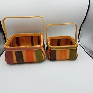 Colorful Multi Color Lot 2 Baskets Handle Square Wooden Cute - Picture 1 of 10
