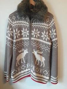 Coldwater Creek Zip Cardigan Jacket Women M 10/12 Removable Fur CLR Fair Isle? - Picture 1 of 9