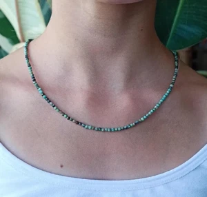 Tiny African Turquoise Choker Faceted 2mm Beads Healing Dainty Necklace Gift - Picture 1 of 3