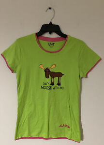 WOMEN LAZY ONE SMALL GREEN PINK DON’T MOOSE WITH ME PJ TEE SHIRT LOUNGE NEW