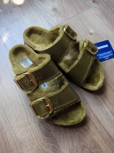 Birkenstock Arizona Fur Shearling Olive Green Leather Sandals EU 38 Women 7-7.5 - Picture 1 of 13