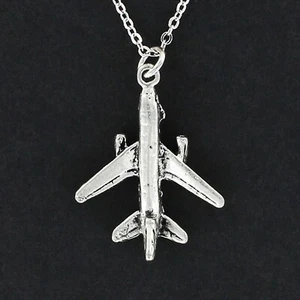 JET AIRPLANE Necklace on Chain or Charm Only Pewter Travel Vacation Fly Airport - Picture 1 of 2