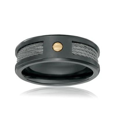 Anillo de cable de circonio negro con tornillo de oro amarillo de 10K joyería para hombre - talla 10 Foto 1 de 4