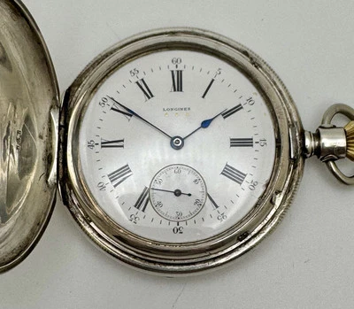 RELOJ BOLSILLO LONGINES MONEDA PLATA 1901 Doble Hunter Porcelana Dial Revisado Foto 1 de 4