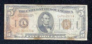 1934 A $5 Hawaii Silver Certificate Note  - Picture 1 of 2