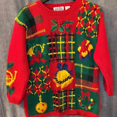 Rojo Verde Cosido a Mano Mujer Mediano Navidad Suéter Retazos Campana Regalo Vacaciones Foto 1 de 4