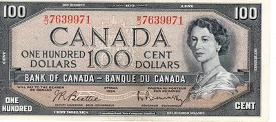 Bank of Canada 1954 $100 Hundred Dollars Beattie-Rasminsky B/J Prefix EF+ - Image 1 of 2