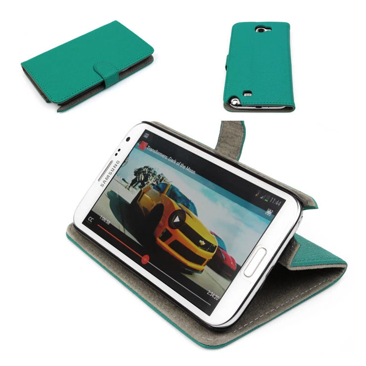 WALLET CASE COVER FRONT+BACK STAND PU LEATHER AQUA BLUE FOR GALAXY NOTE II 2 - Image 1 of 1
